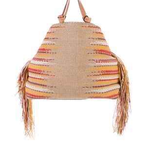 Tory Burch Tan Woven Tote with Multicolor Fringe Accents